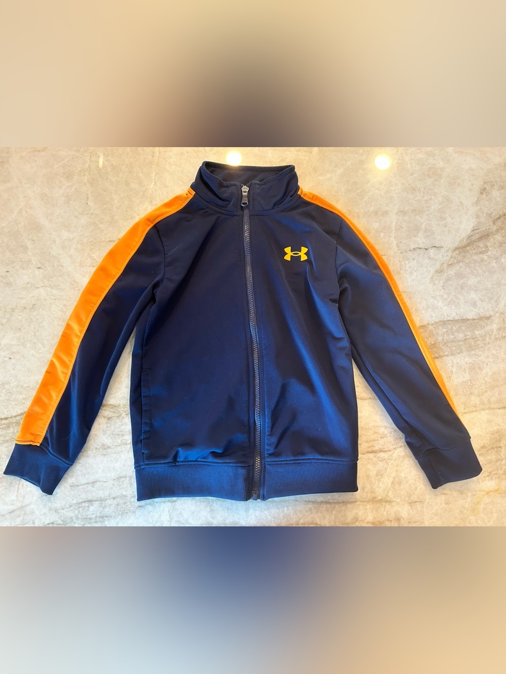 Under Armour Boys Size 7 Navy Orange Full Zip Track Jacket Athletic Warm-Up